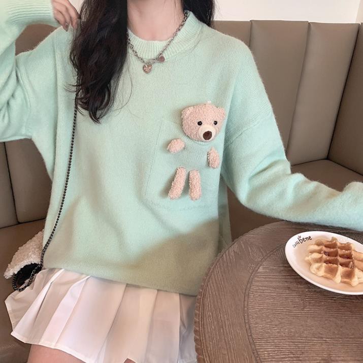 Áo len nữ đẹp kèm gấu siêu xinh hàng Quảng Châu L091 mẫu mới nhất 2020 (Kèm ảnh thật)