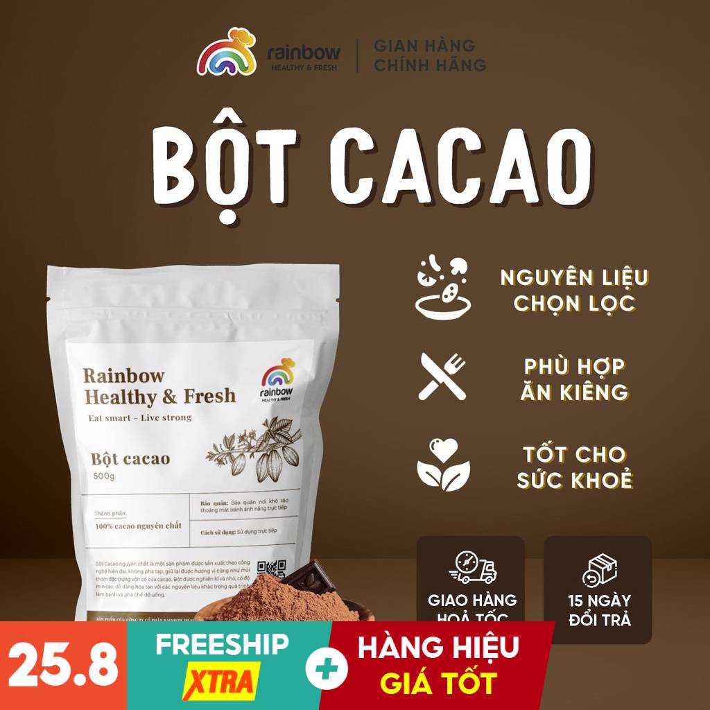 Bột Cacao RAINBOW Nguyên Vị Nguyên Chất Hữu Cơ Đặc Biệt Hỗ Trợ Giảm Cân Ăn Kiêng Tốt Cho Sức Khoẻ