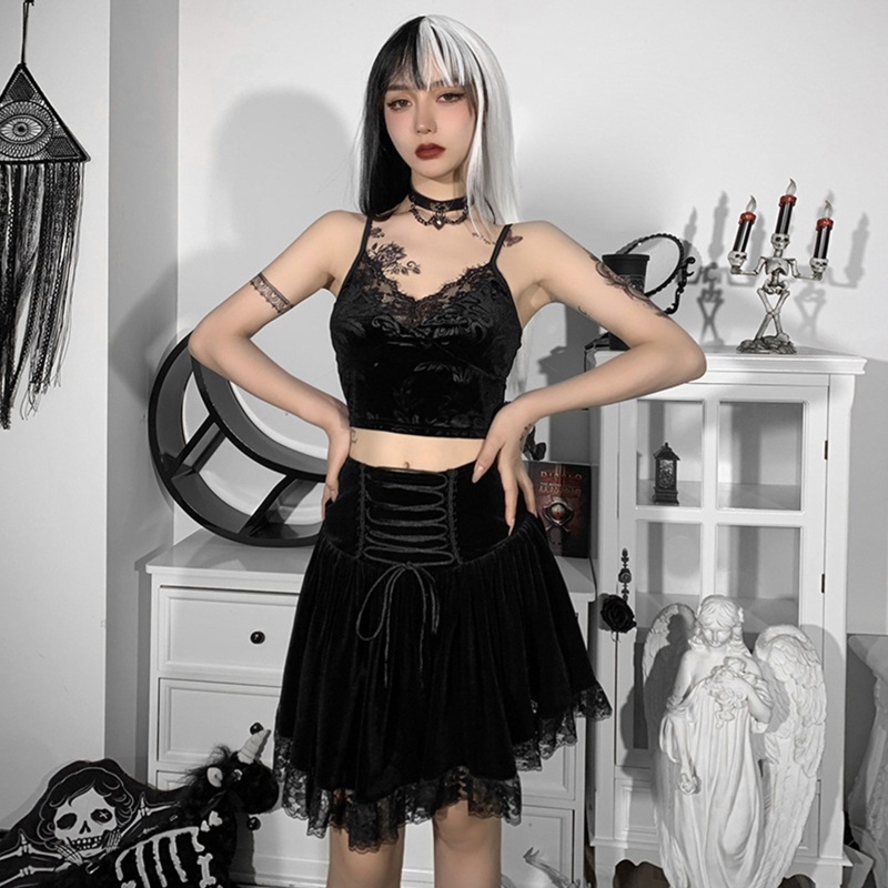 Chân Váy Chữ A Lưng Cao Màu Đen Phối Dây Rút Phong Cách Gothic