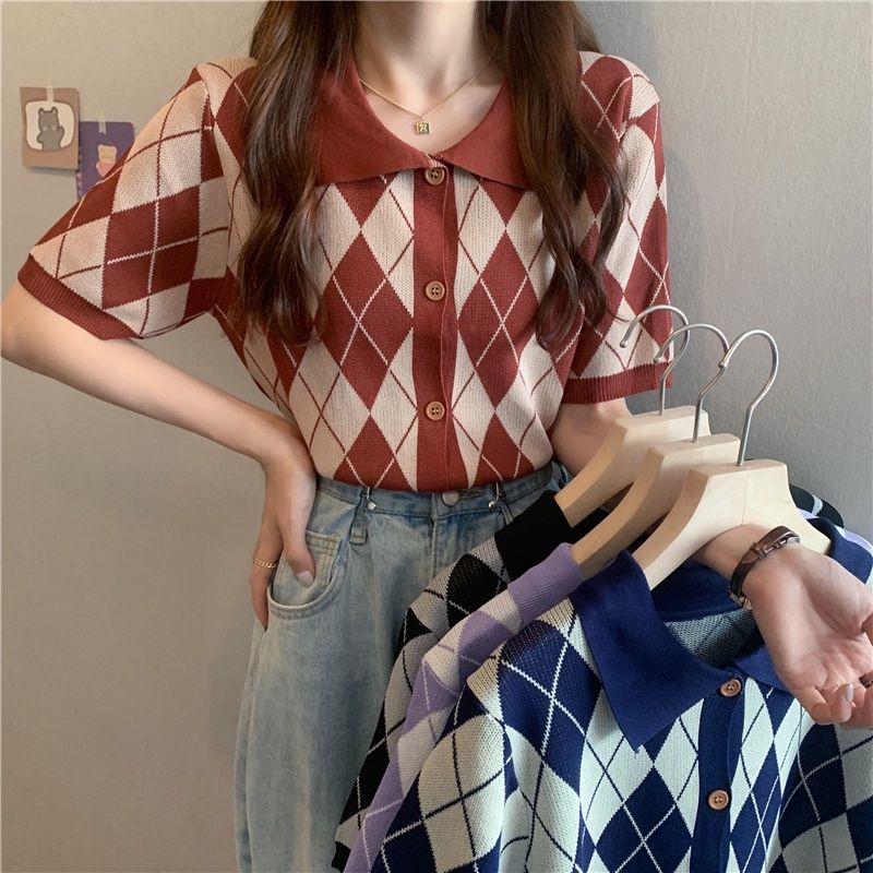 Áo Thun Dệt Kim Tay Ngắn Cổ Bẻ Đính Đá Phong Cách Retro