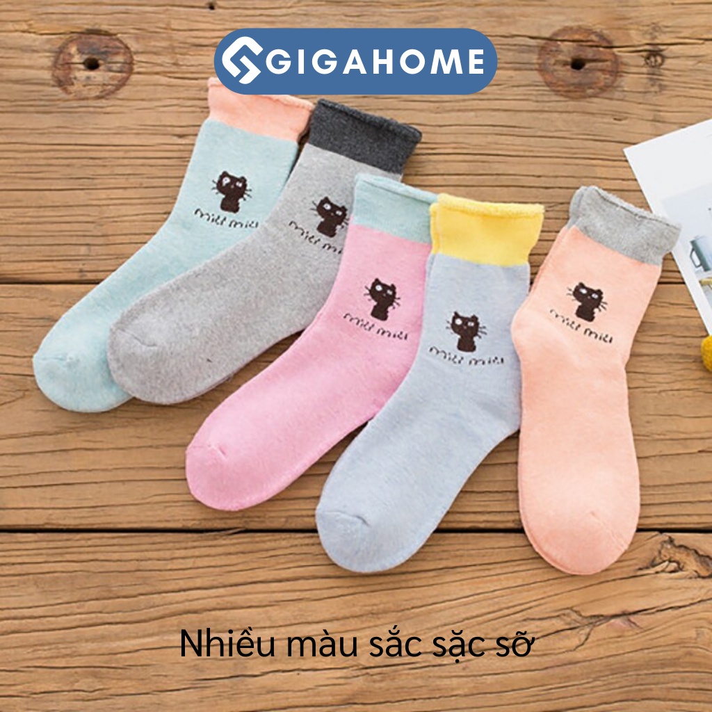 Tất Nữ Cổ Cao Chất Thun Cotton Co Giãn Siêu Dày GIGAHOME Hình Mèo Đáng Yêu 9118