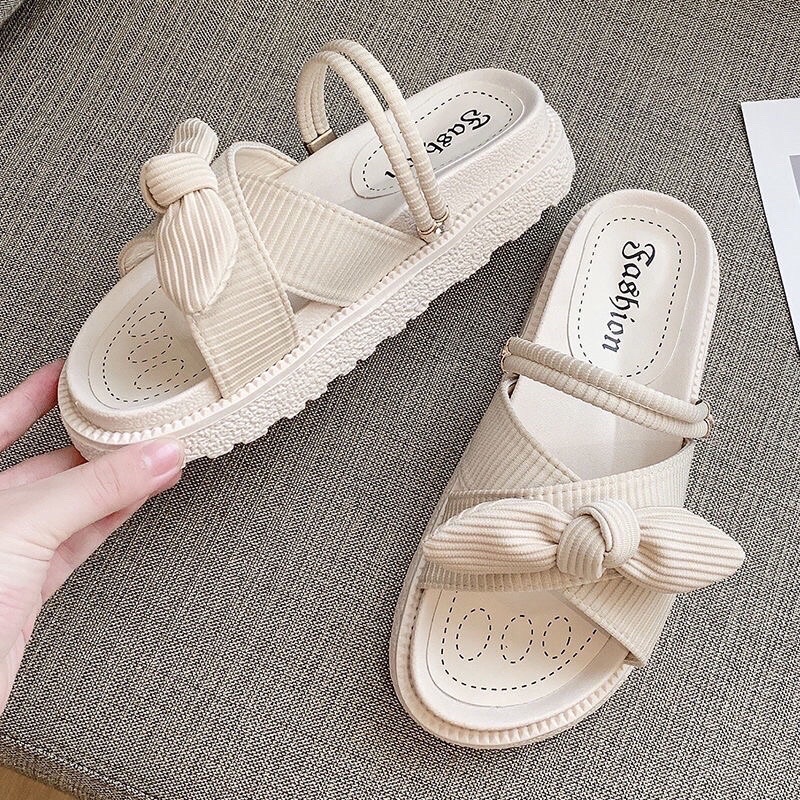 DÉP QUAI NỮ ĐỘN ĐẾ BÁNH MÌ -SANDAL DÂY CHỈNH NƠ XOẮN