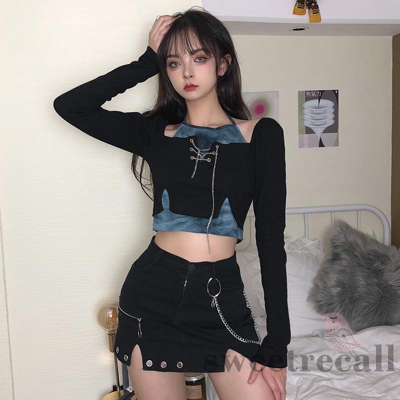 Áo Thun Croptop Nữ Tay Dài Phối Màu Nhuộm Cá Tính