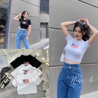 Áo Croptop Nữ Ngắn Tay In Cờ So Hot 🦋 Áo Thun Crt Nữ Cộc Tay In Họa Tiết 3 Màu Siêu Xinh