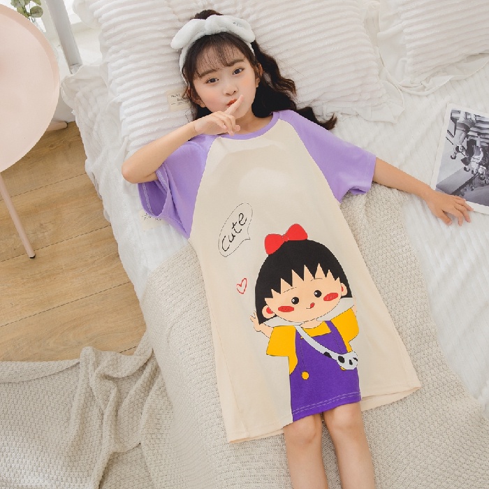 Đầm Ngủ Cotton Tay Ngắn In Họa Tiết Hoạt Hình Dễ Thương Cho Bé Gái