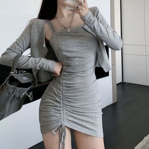 Set Áo Khoác Cardigan Và Đầm Hai Dây Rút Dây Phong Cách Mới Gợi Cảm Cho Nữ