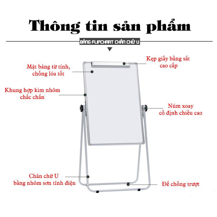 Bảng Flipchart Chân gấp chữ U Cao Cấp. Mặt bảng từ tính chống lóa, kích thước 60x90cm có thể nâng chỉnh chiều cao