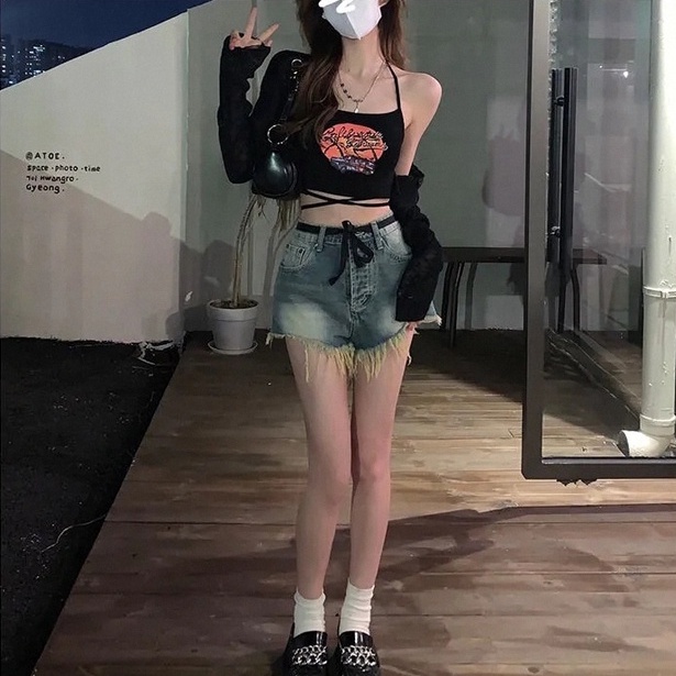 【ZHELIHANGFEI】Quần Short Denim Lưng Cao Phối Tua Rua Phong Cách Retro Quyến Rũ