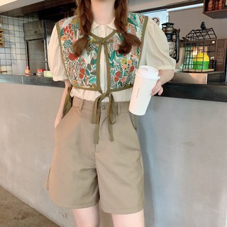 (ORDER) Set áo tay phồng+ Áo yếm họa tiết hoa lá kèm quần Shorts đùi style búp bê Pháp
