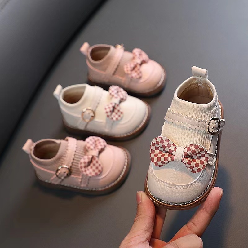 Giày búp bê, Giày tập đi bé gái quai dán chất da PU siêu mềm đế cao su chống trơn trượt gắn nơ caro xinh xắn M2233