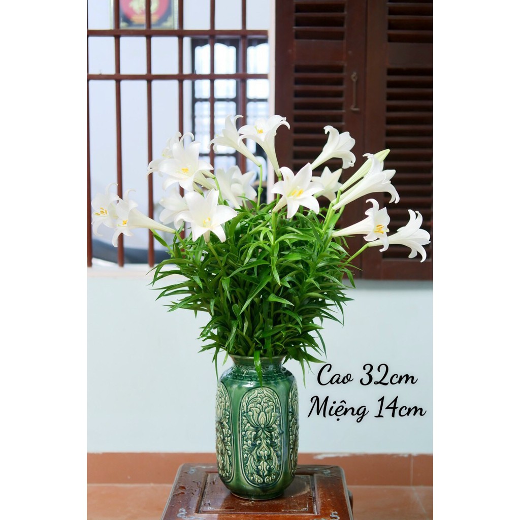 Bình Hoa Lọ Hoa Khắc Nổi Hoa Sen Men Ngọc - Gốm Sứ Bát Tràng - Bình Hoa Đẹp - Decor Trang Trí