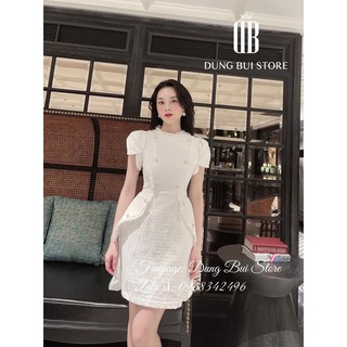 Đầm dạ chữ A tay phồng phối nút