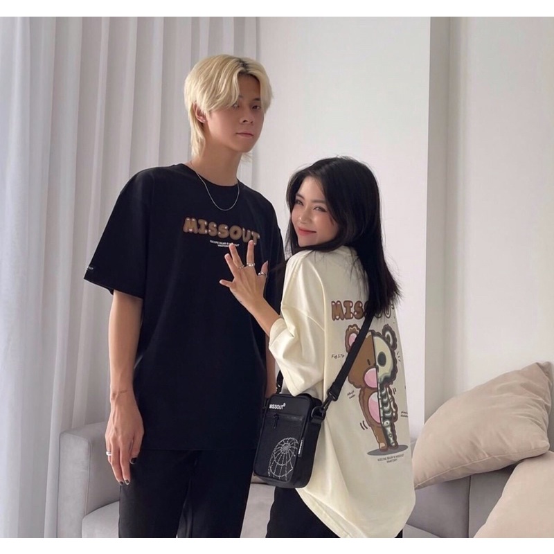 Áo thun cotton tay lỡ dáng rộng unisex gấu missout nữa xương nữa gấu freesize 38-65kg