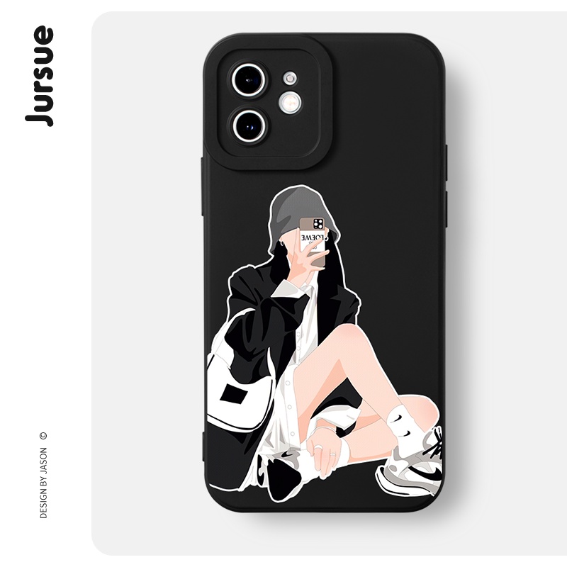 Ốp điện thoại JURSUE hoạt hình cặp đôi dễ thương đẹp nam nữ chống bẩn đen Cho iPhone 14 13 12 11 Pro Max SE 2020 X XR XS 8 7 ip 6S 6 Plus kute XYH745