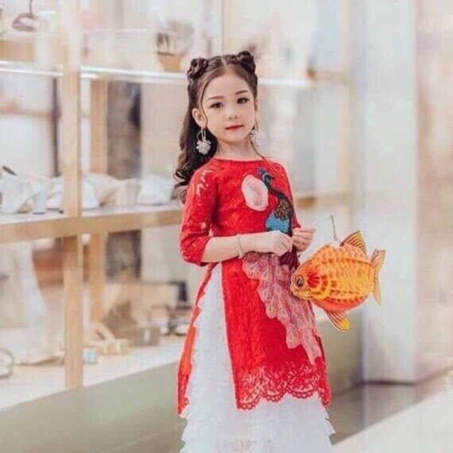 Áo dài ren con công cho bé từ 12kg- 24kg, Hàng đẹp chuẩn luôn ah
