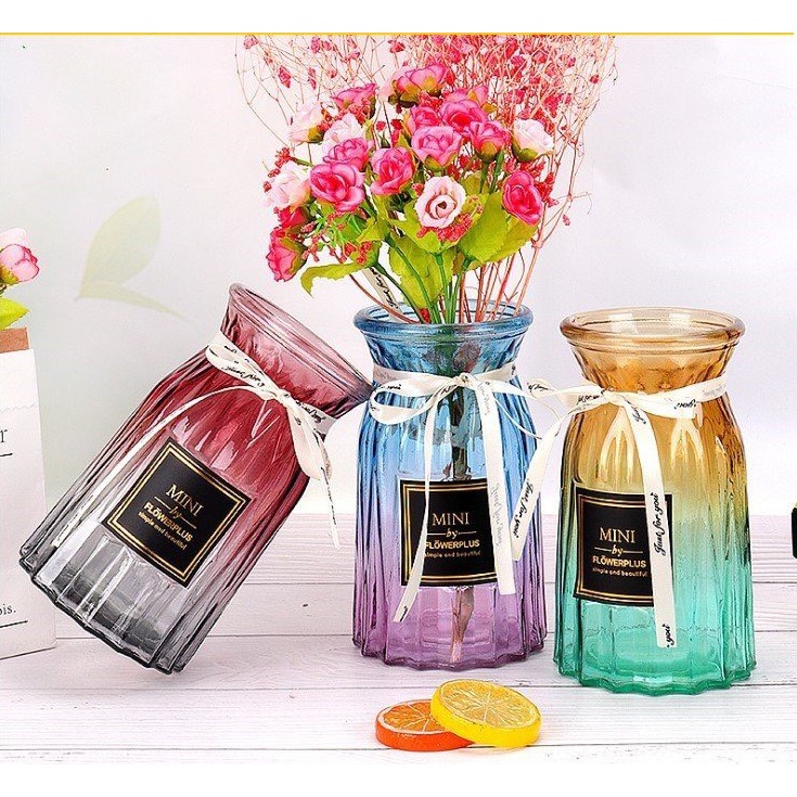 Lọ hoa, bình hoa  tết bằng thủy tinh cổ nơ decor tặng kèm nơ và miếng dán