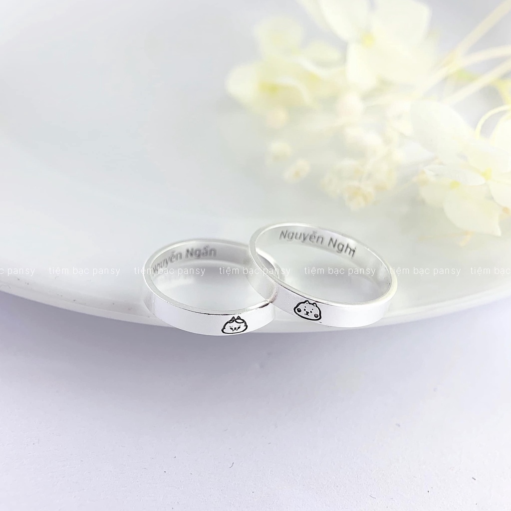 Nhẫn đôi bạc nam nữ hình gấu PANSY miễn phí khắc tên, nhẫn cặp đôi uyên ương bằng bạc ta cao cấp