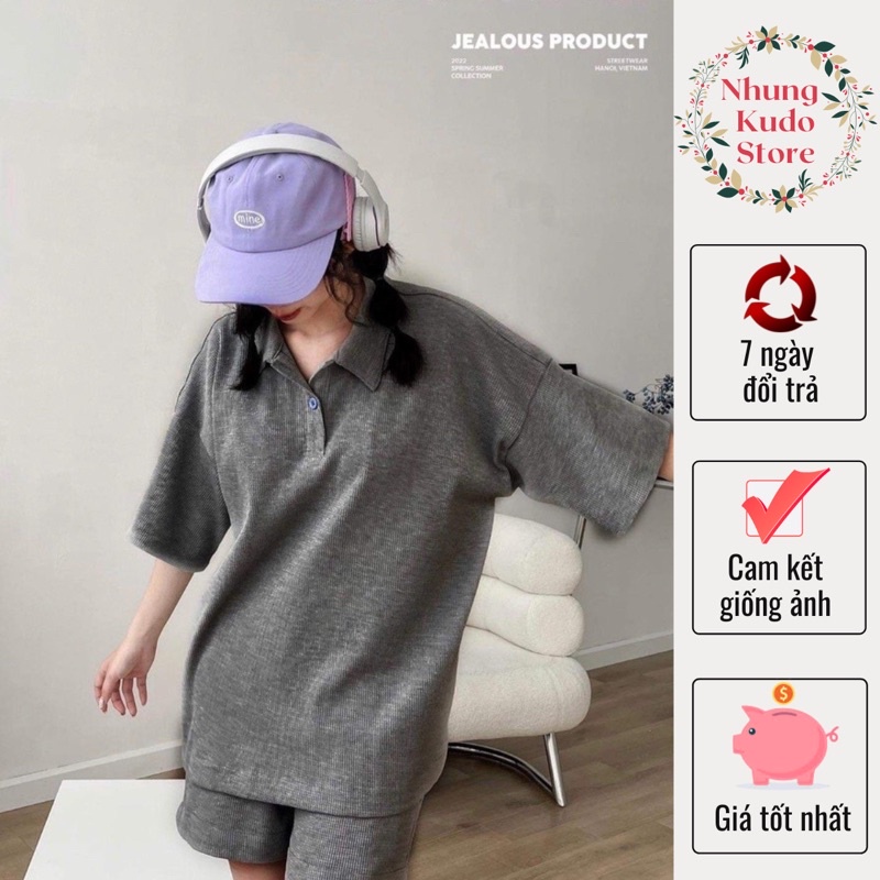 Set bộ áo cổ bẻ POLO kèm quần short màu xám đậm chất tổ ong unisex ullzang Nhungkudo
