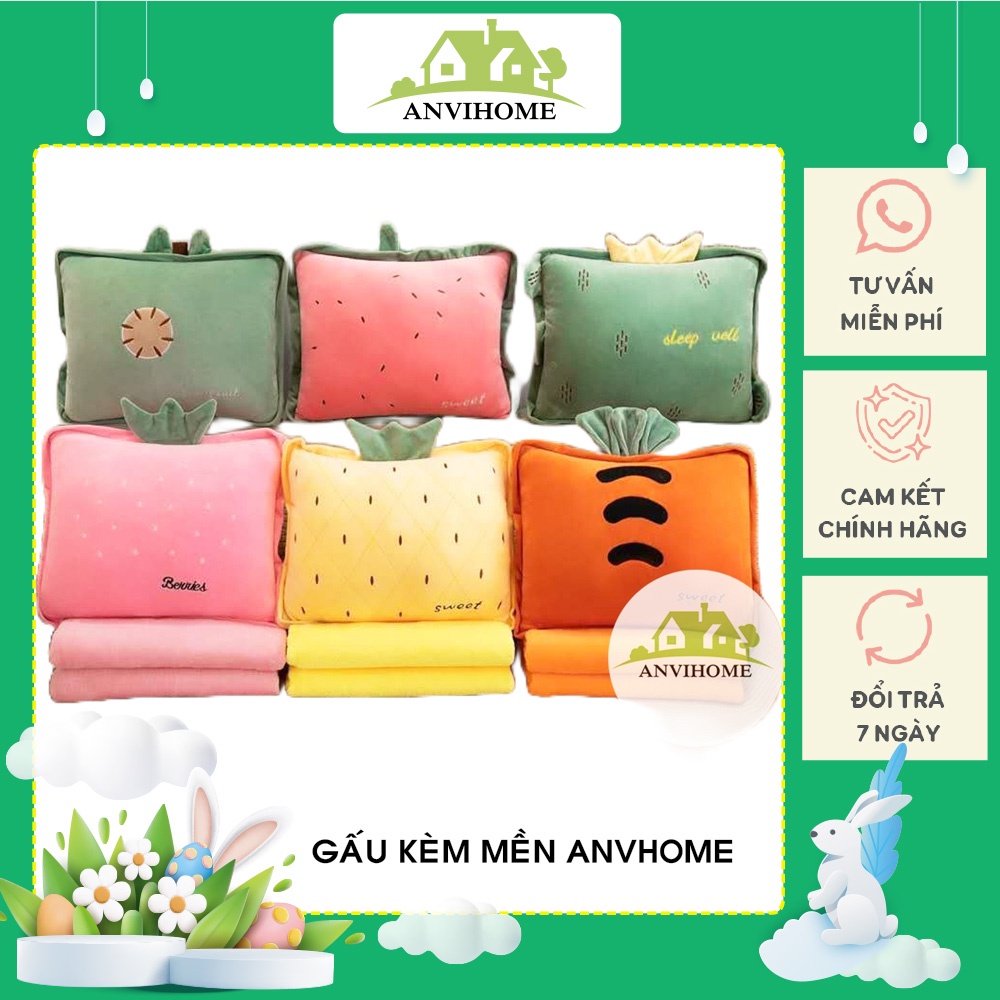 Bộ Chăn gối văn phòng hoa quả vuông, tròn đủ loại 3in1