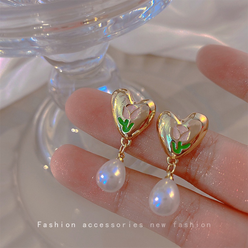 Khuyên Tai Hình Hoa Tulip Đính Ngọc Trai Thời Trang Mùa Hè Cho Nữ