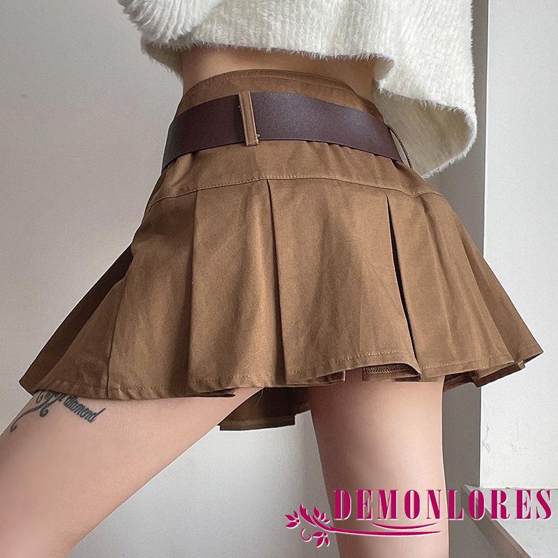 DEMQ-Women Solid Color Pleated Skirt with Waistband Slim Fit A-line Mini Skirts for Summer