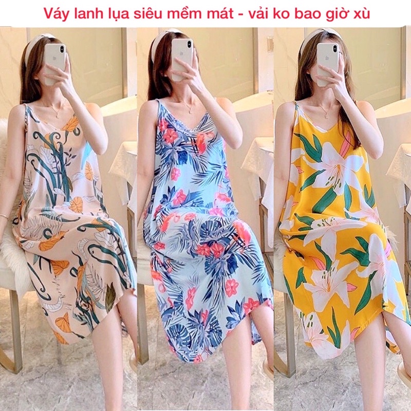 Váy lanh, váy ngủ Quảng Châu 2 dây mềm mát, hoạ tiết trẻ trung, thời trang