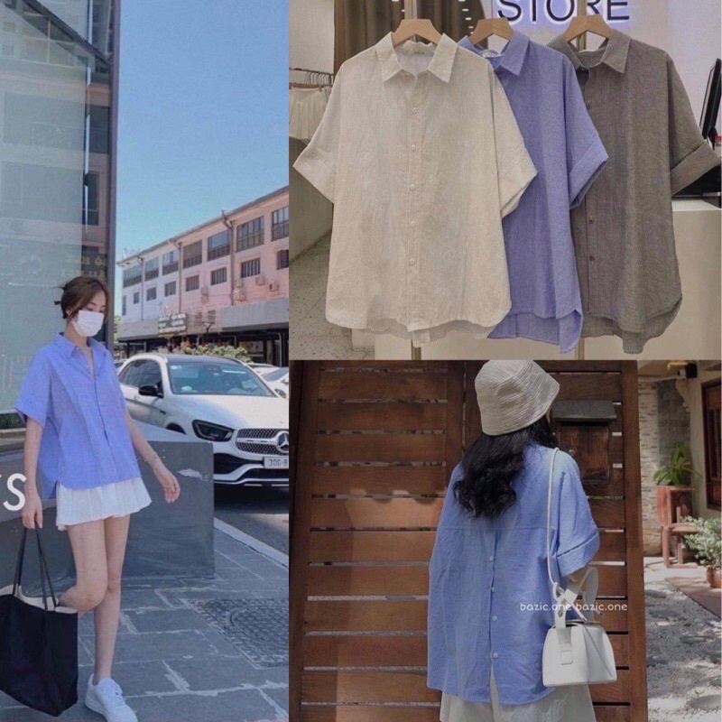|🚛FREESHIP| Áo sơmi kẻ Hàn quốc xẻ cúc sau tay lỡ A011
