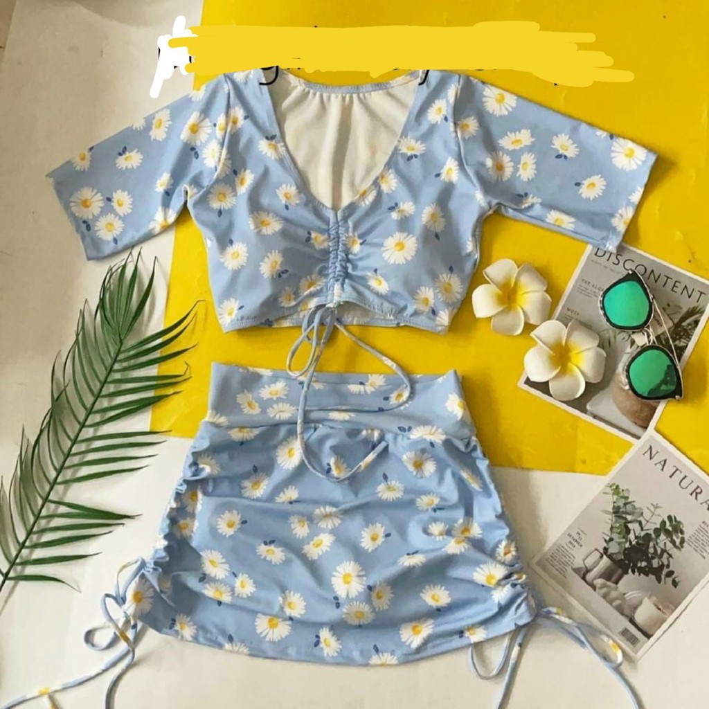 Bikini tay lửng váy rút eo hoa cúc | BigBuy360 - bigbuy360.vn