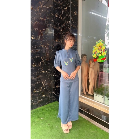 thời trang nữ hottrend, lụa thêu hạc, áo lam phật tử đi chùa