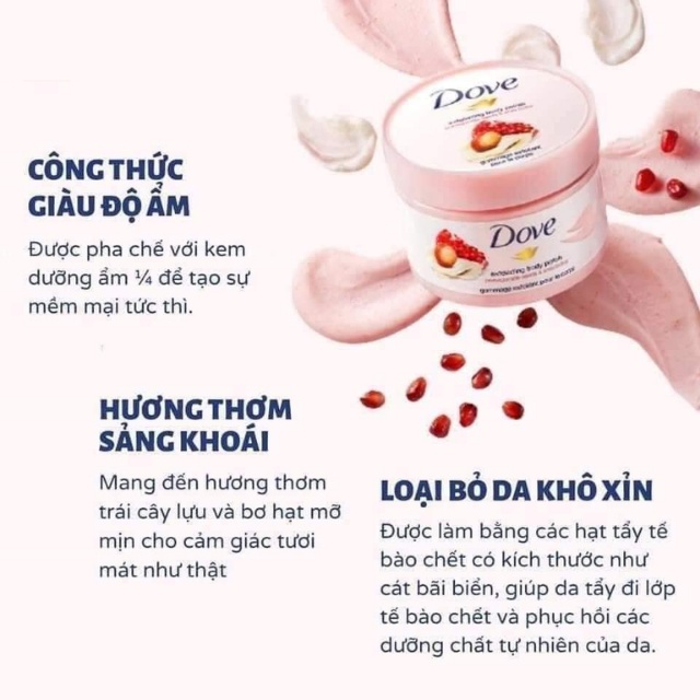 Kem Dove giúp tẩy tế bào chết chăm sóc da chiết xuất bơ hạt mỡ và hạt lựu Làm trắng Trẻ hóa da 225ml