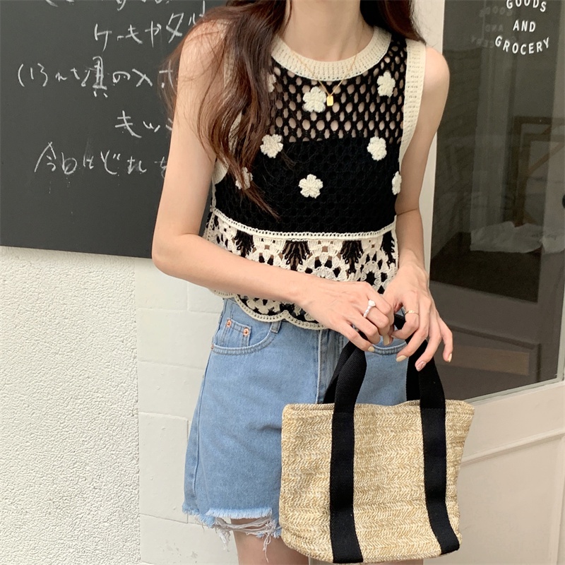 Áo Tank Top Dệt Kim Sát Nách Dáng Ngắn Phối Lỗ Lưới Thời Trang Cho Nữ