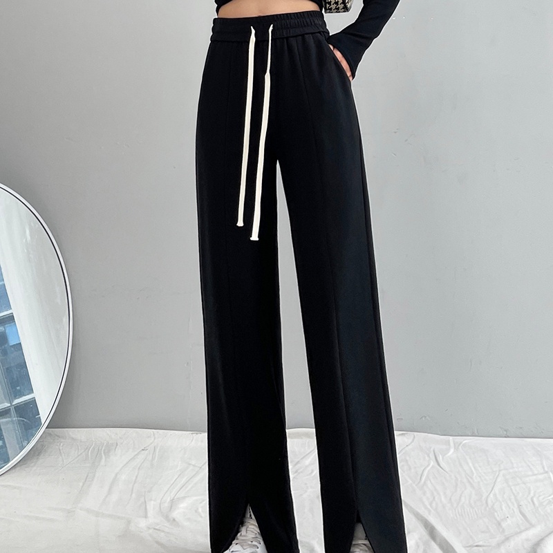 SUXI Quần Dài Ống Rộng Màu Đen Lưng Cao Phối Dây Rút Thiết Kế Đơn Giản Cho Nữ