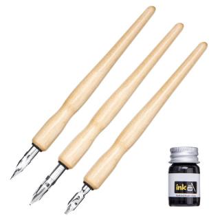 Bộ bút tay cầm gỗ và 3 ngòi vẽ truyện tranh manga dụng cụ thư pháp chuyên nghiệp với mực