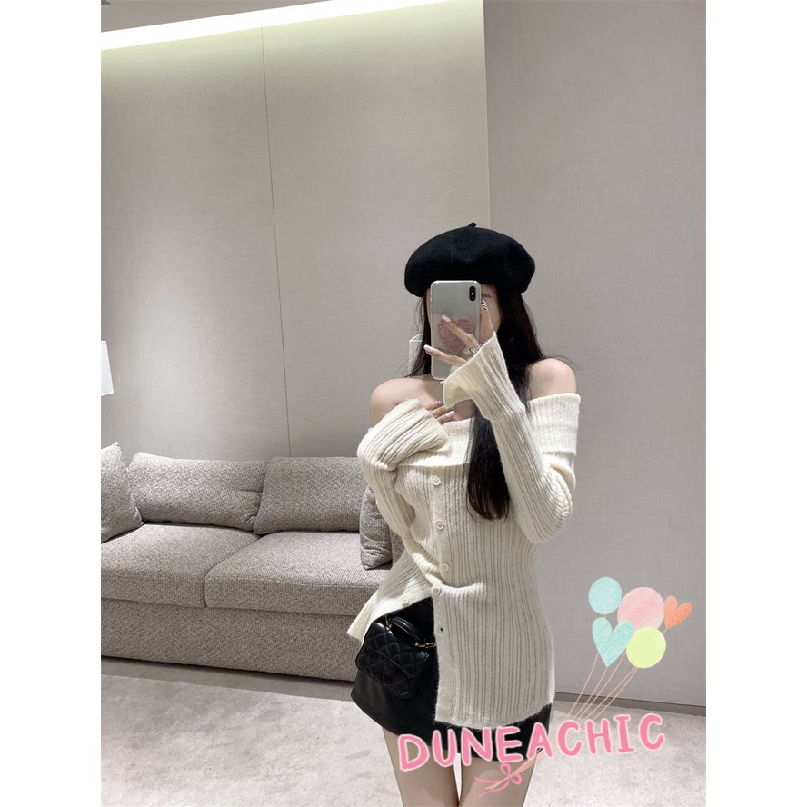 DUNEA Áo Sweater Dệt Kim Tay Dài Trễ Vai Xẻ Tà Quyến Rũ Cho Nữ