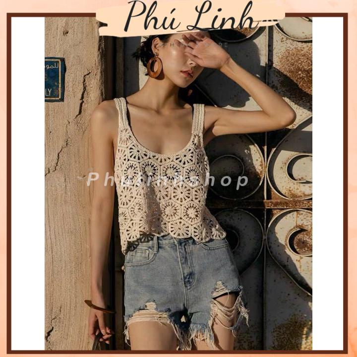 MS584 Áo ba lỗ đan móc đi biển lục giác