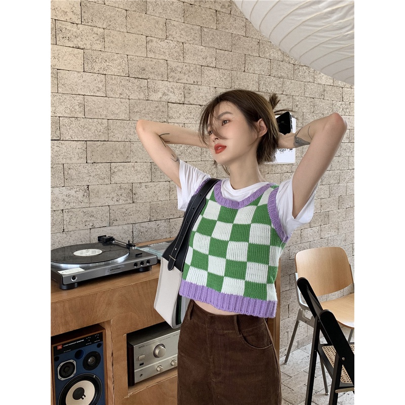 Áo Croptop Dệt Kim Không Tay Kẻ Sọc Ca Rô Phong Cách Retro Hàn Quốc Thời Trang Cho Nữ | BigBuy360 - bigbuy360.vn