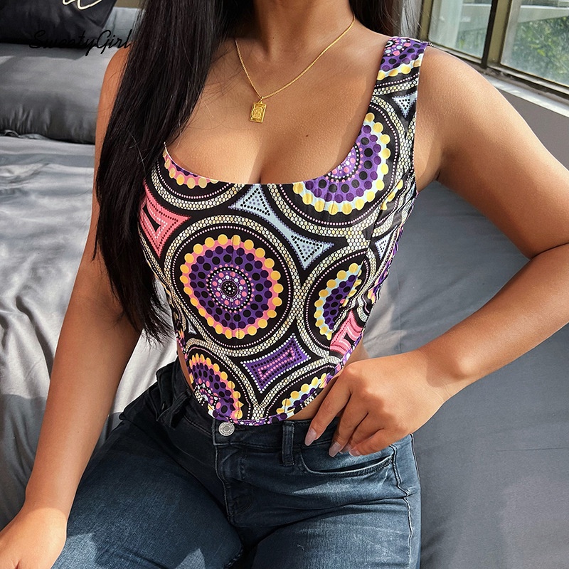 Áo Tank Top Cổ Chữ U In Họa Tiết Phong Cách Đường Phố Thời Trang Quyến Rũ Cho Nữ