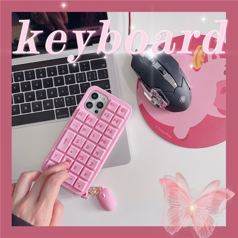 Casing For iPhone 13 12 11 Pro Max 6 6s 7 8 Plus X XR Xs Max Pop It Fidget Push Bubble 3D Computer Keyboard Stress Relief Toy Luminous Soft Phone Case Cover With Mouse Pendant
