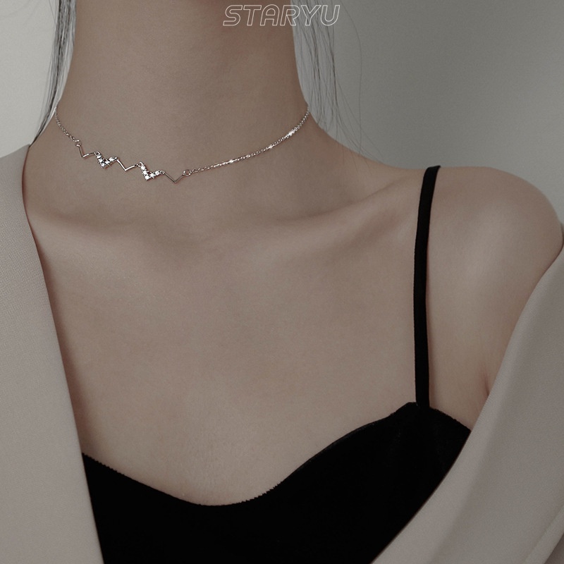 Vòng cổ Choker Bạc 925 Mặt Hình Nhịp Tim Đính Đá Zircon Thanh Lịch Cho Nữ