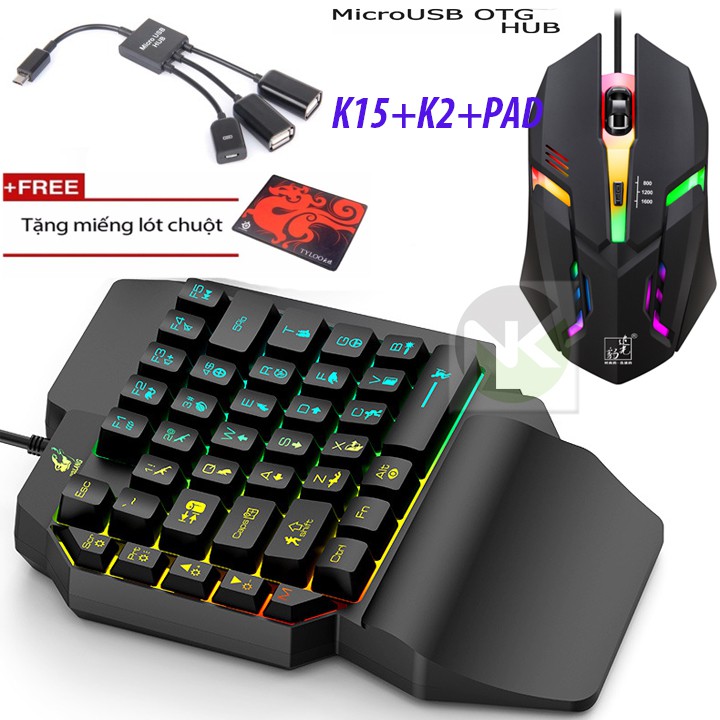 Combo Bộ Bàn Phím Giả Cơ 1 Tay FREE WOLF K15 + Chuột LED Nhiều Màu + Cổng OTG "MICRO"  ( Tặng Thêm Lót Chuột ) - NK | BigBuy360 - bigbuy360.vn