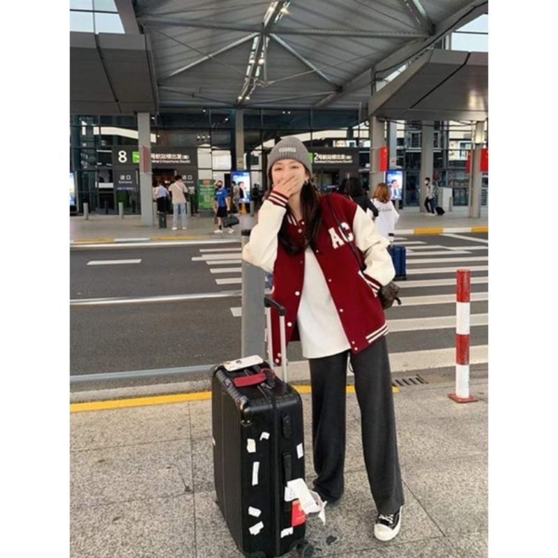 Áo khoác bomber bóng chày ZARA xuất xịn nỉ cotton lót bông tay dài nút giữa đen, đỏ sọc trắng thêu chữ AC