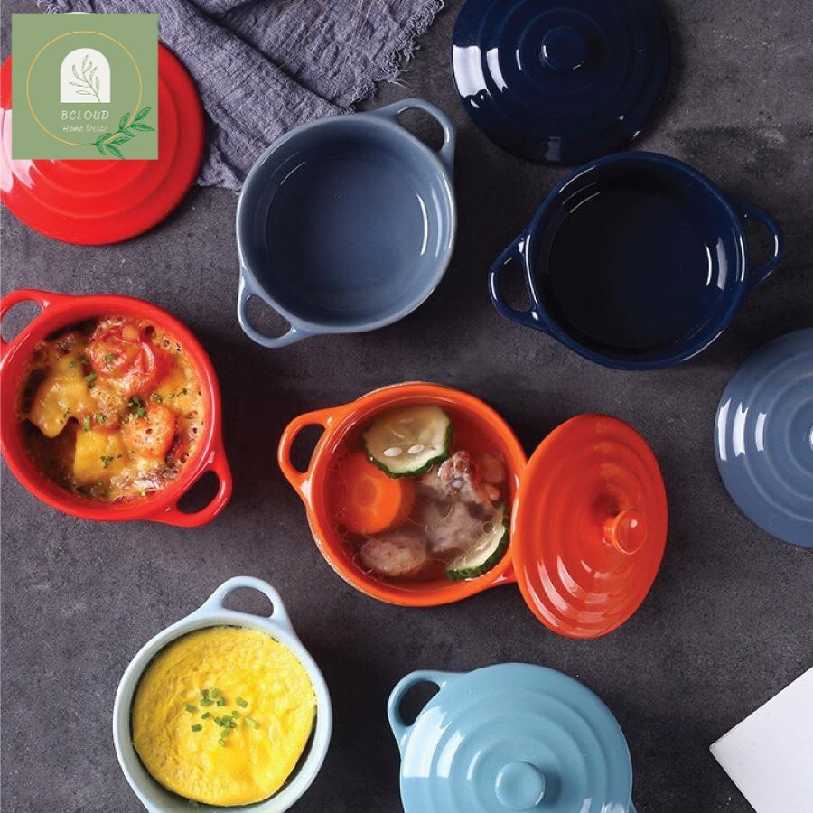 Bát sứ ăn dặm bát sứ ramekin có quai kèm nắp đậy