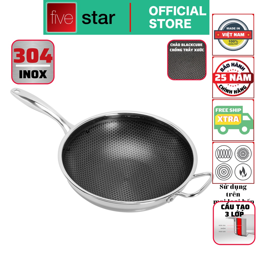 Chảo inox chống dính sâu lòng Fivestar Blackcube inox 304 không rỉ cao cấp ( 30cm / 32cm )