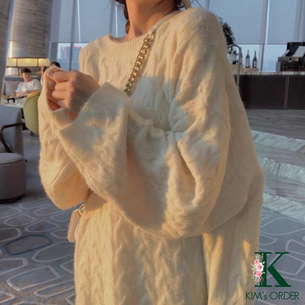 Áo len nữ màu trắng be xanh tím phom rộng sweater cổ tròn dài tay chất len vặn thừng dày dặn cao cấp phong cách Hàn Quốc