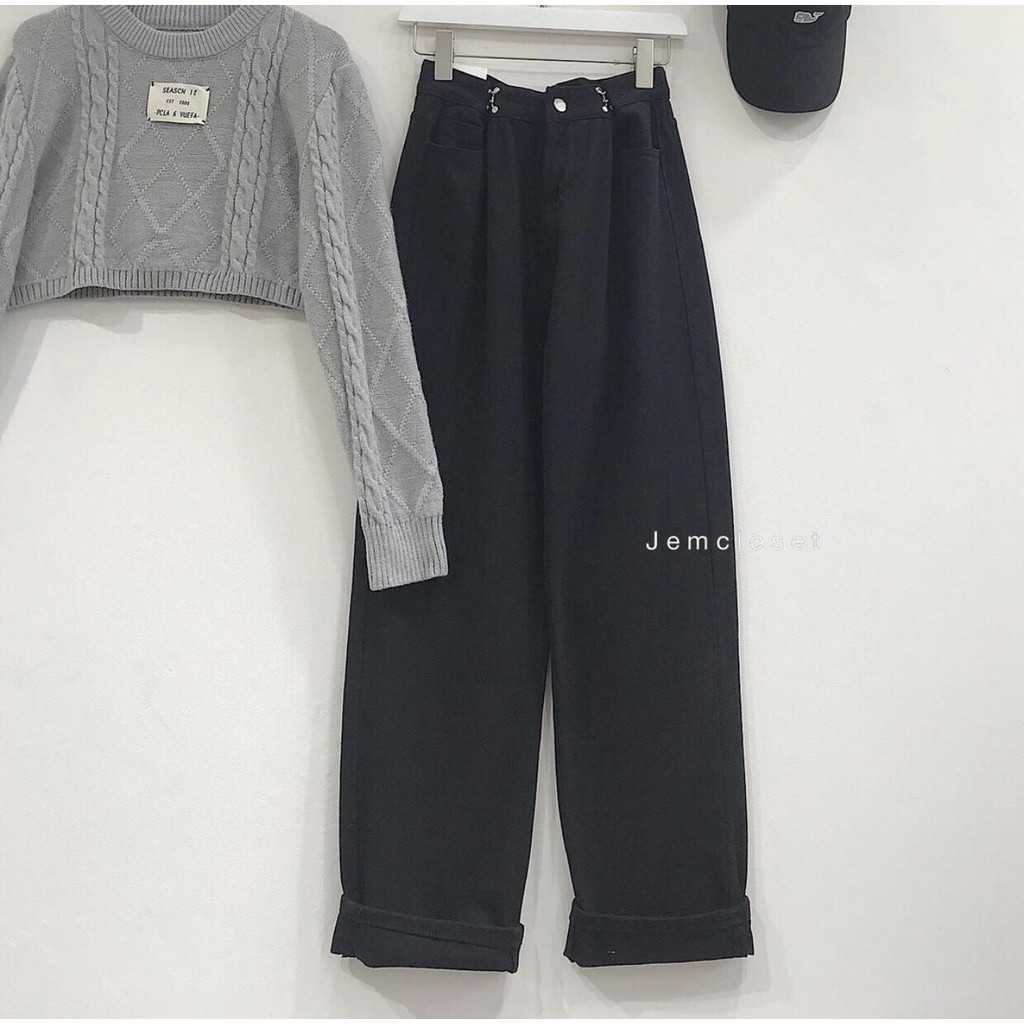 Quần Jean Đen Cạp Móc PEONYB Nữ [FREESHIP]  Jeans suông ống rộng cạp cao, culottes dáng dài cá tính Ulzzang