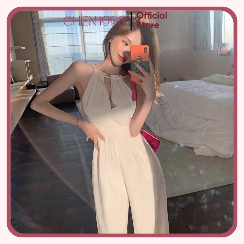 Jumpsuit dài trắng cổ yếm hở lưng phong cách Hàn Quốc sang chảnh hàng Quảng Châu loại đẹp