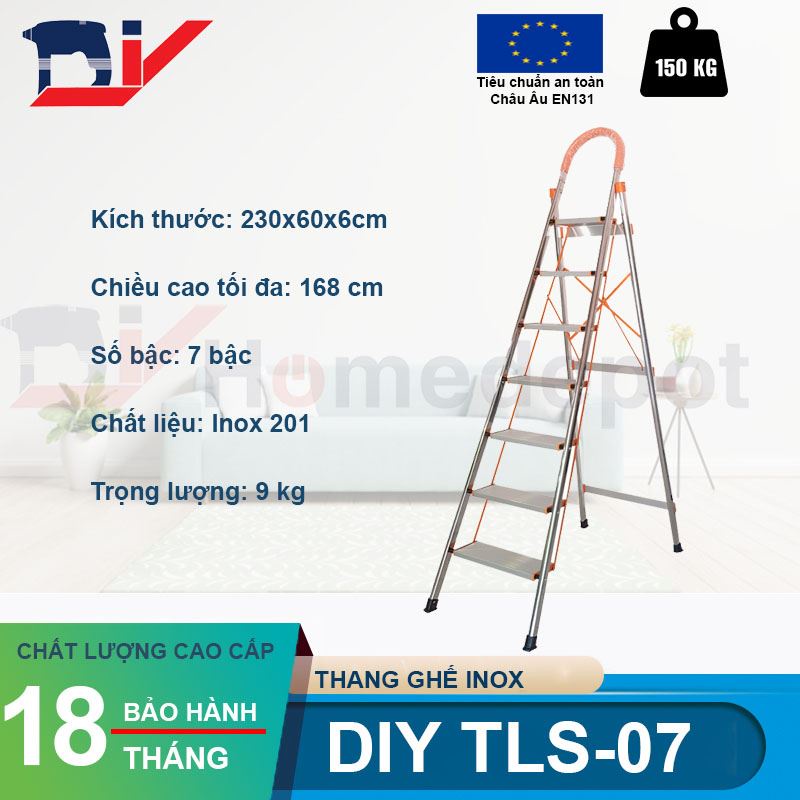 Thang ghế inox 7 bậc DIY TLS-07 chiều cao sử dụng tối đa 168cm- Tiêu chuẩn an toàn Châu Âu - Bảo hành 18 tháng