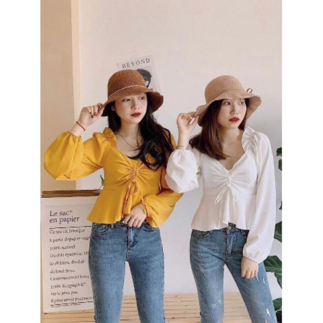 ÁO KIỂU NỮ TAY BO THUN CỔ TRỄ DÂY RÚT GIỮA FOROM 52 KG TRỞ LẠI