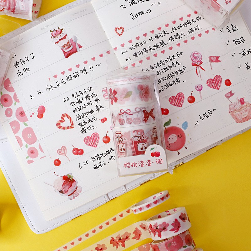 Set 4 cuộn băng dính washi hình cherry đáng yêu trang trí thủ công