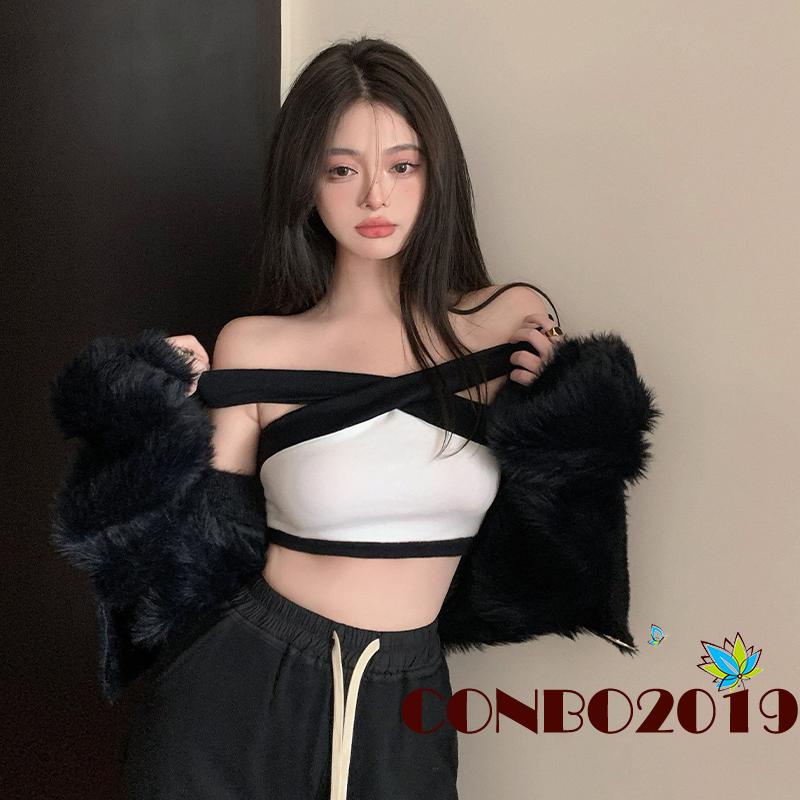 HGM-Ladies Midriff-baring Tank Top, Black White Color Matching Cross Hanging Neck Off Shoulder Sleeveless Slim Tops